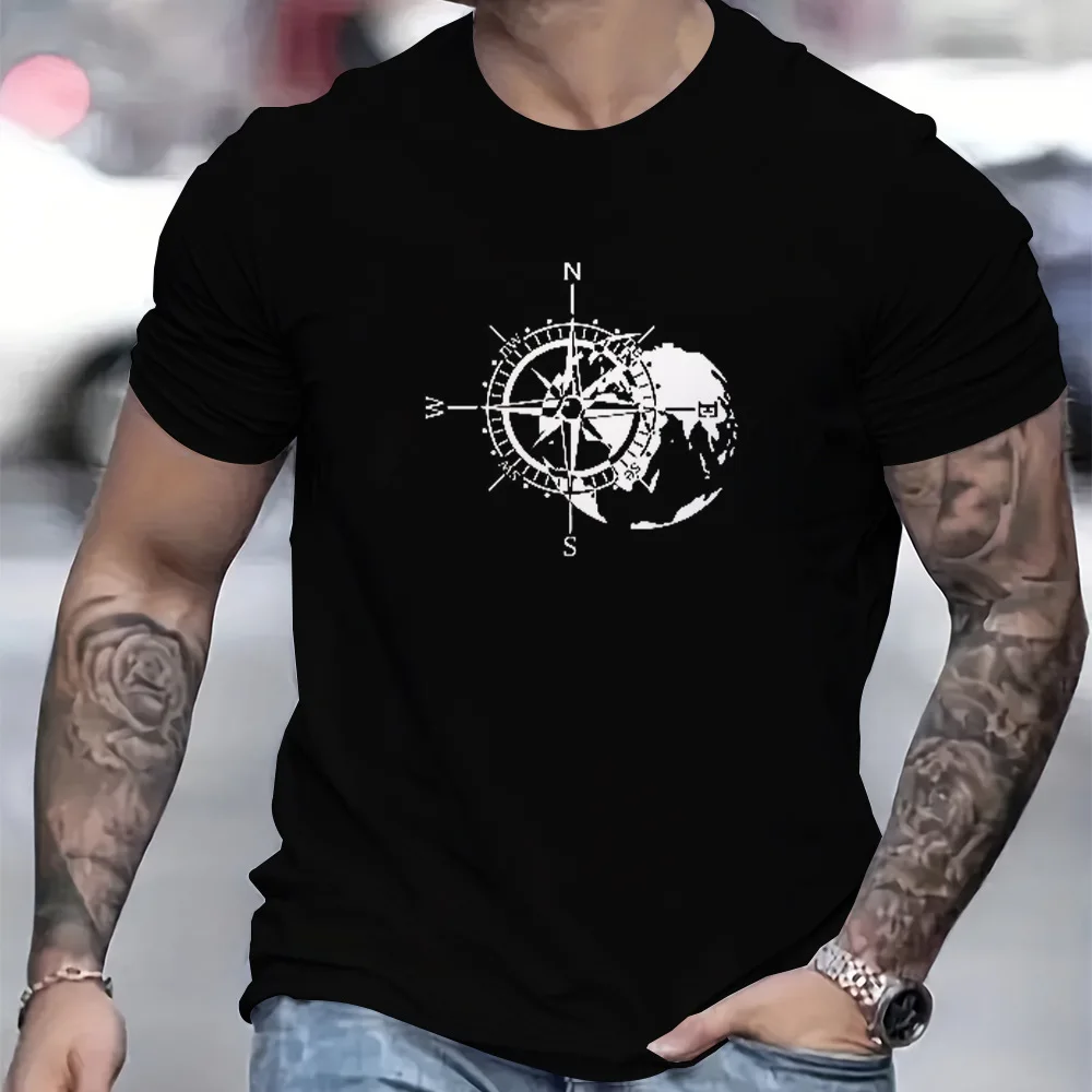 Men's 100% Cotton Compass Printed T-Shirt with Compass Rose and Nautical Design, Summer and Spring Streetwear