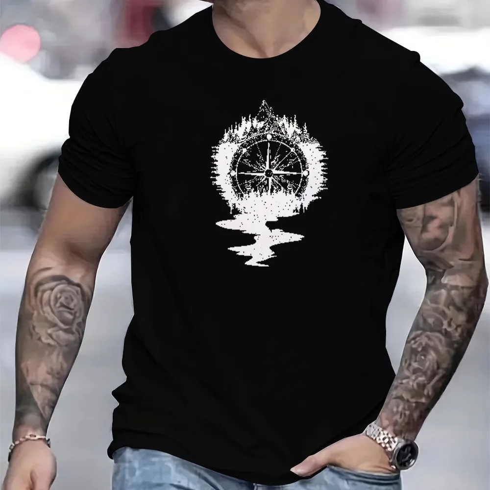 Men's 100% Cotton Compass Printed T-Shirt with Compass Rose and Nautical Design, Summer and Spring Streetwear