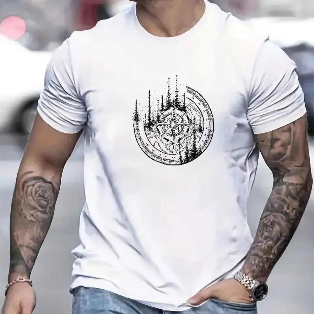 Men's 100% Cotton Compass Printed T-Shirt with Compass Rose and Nautical Design, Summer and Spring Streetwear