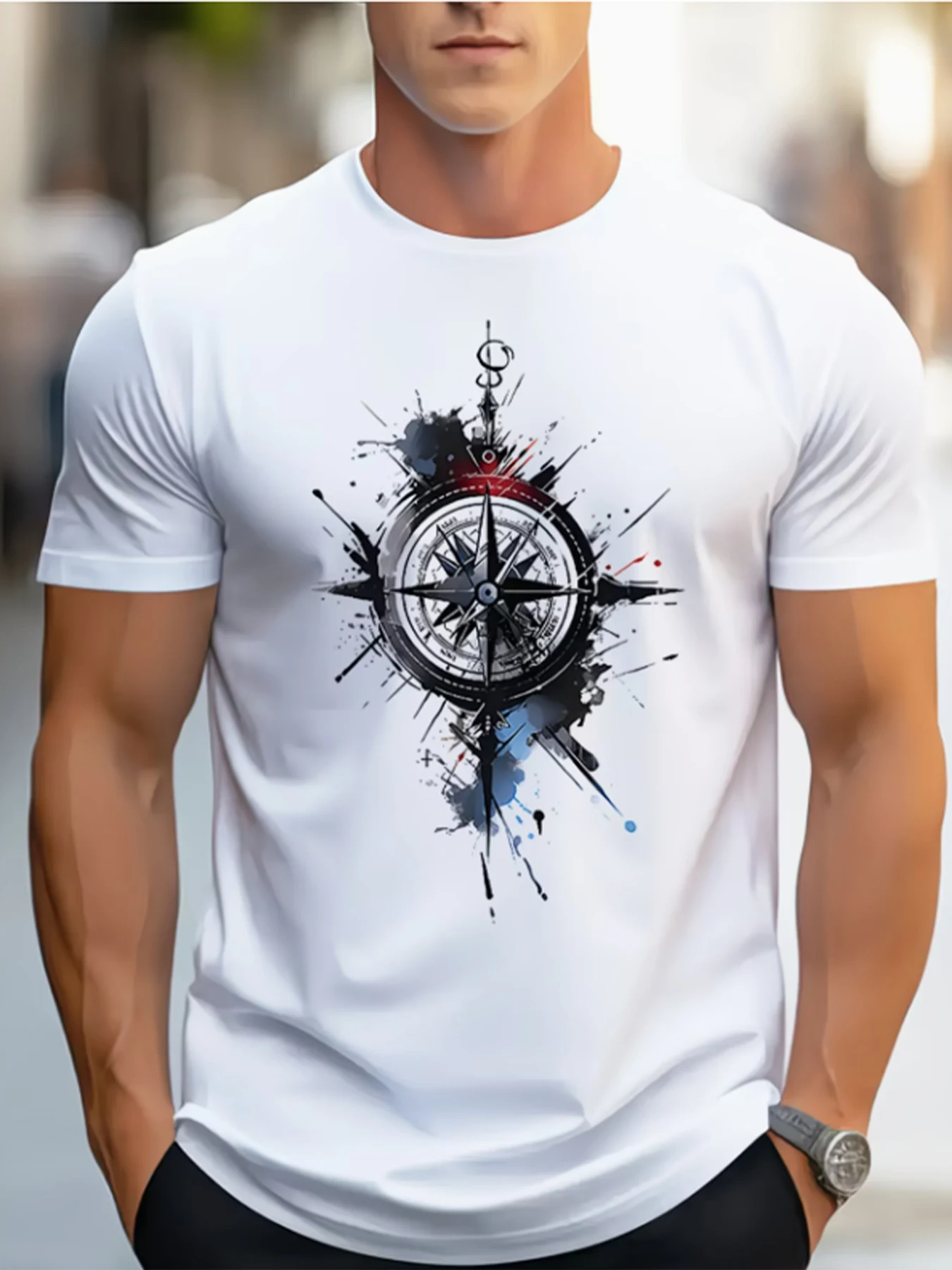 Men's 100% Cotton Compass Printed T-Shirt with Compass Rose and Nautical Design, Summer and Spring Streetwear