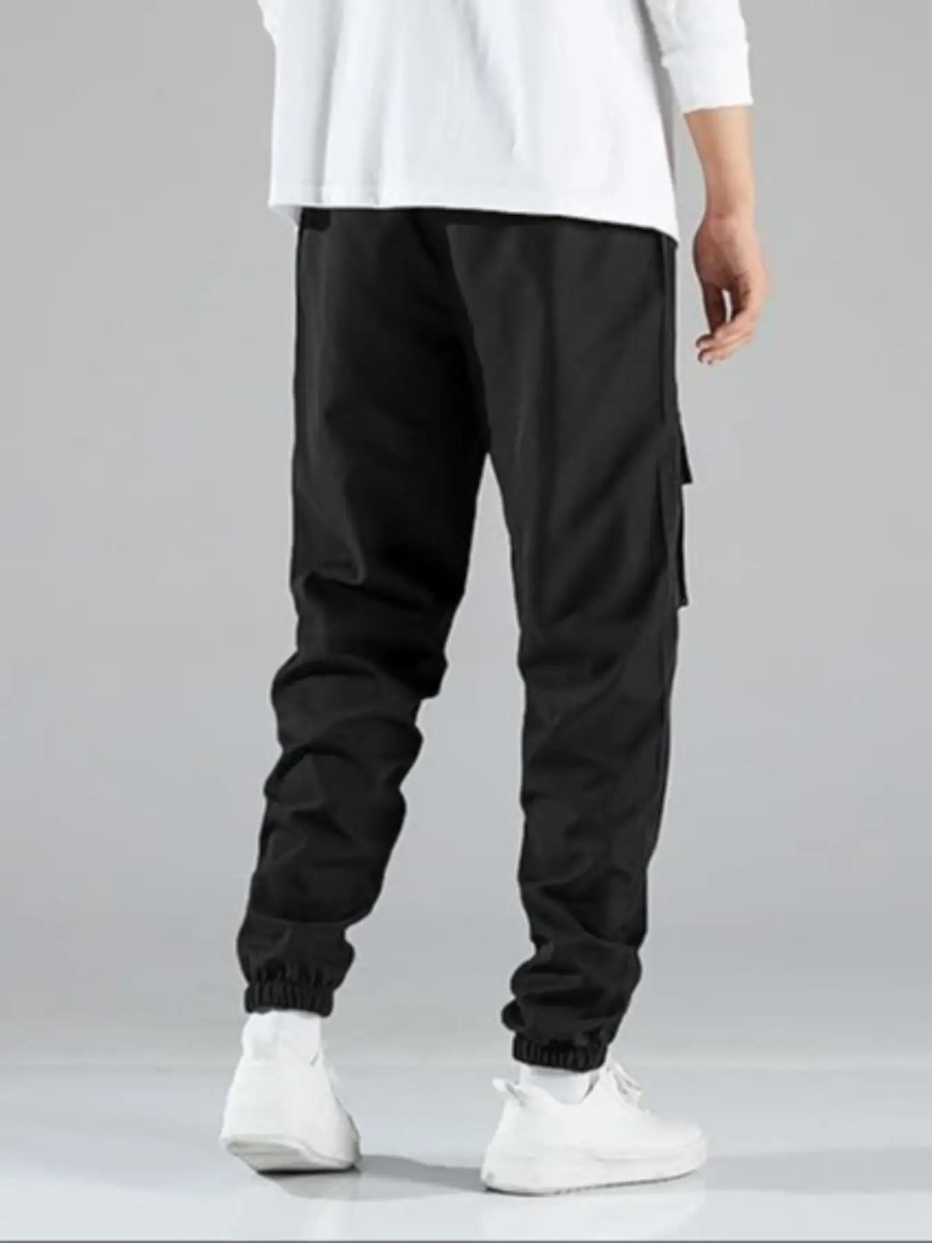 Men's Solid Pocket Drawstring Waist Cargo Pants Regular Fit Casual Fashion Trousers for Daily Wear