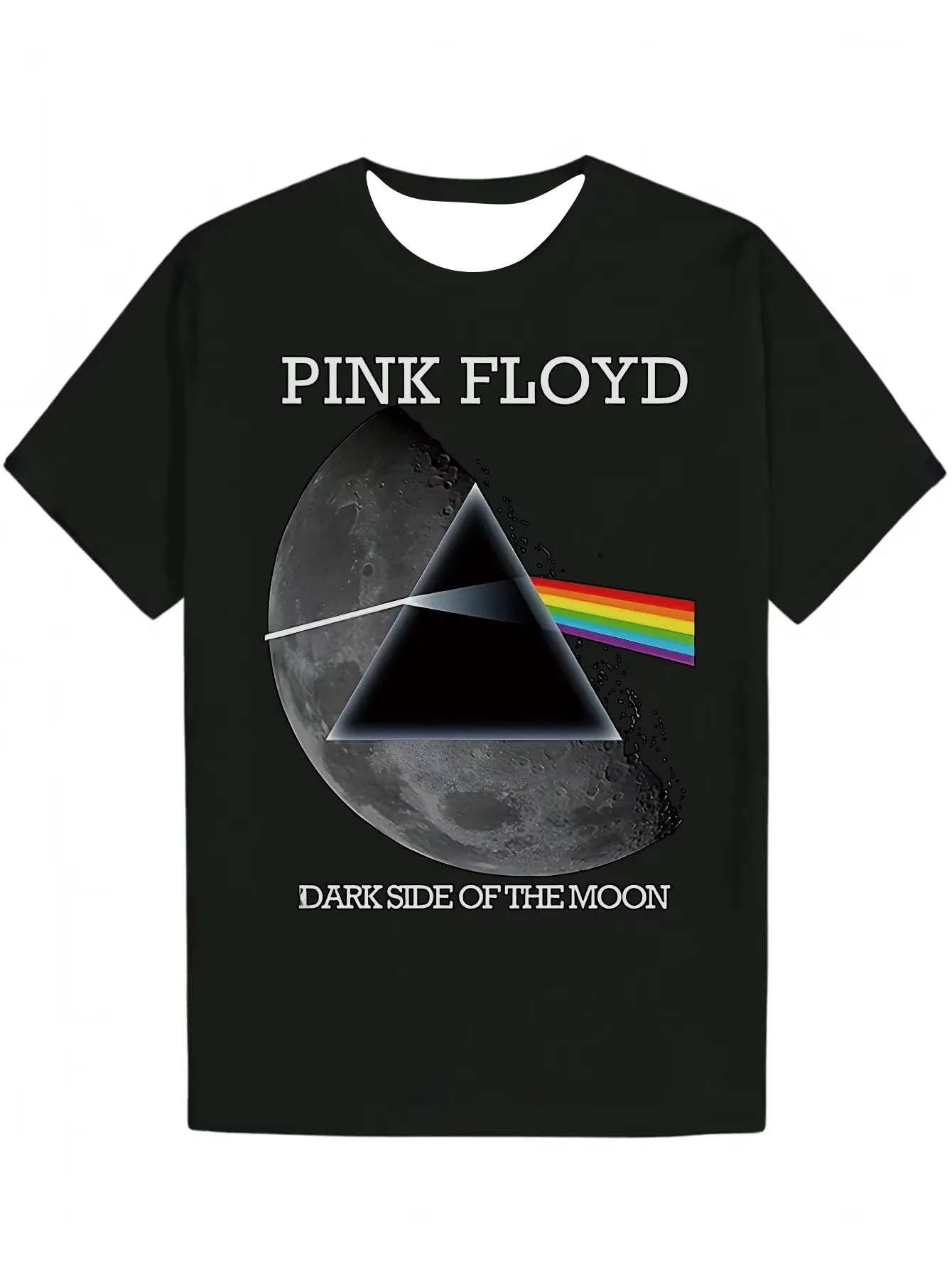 Men's Casual T-Shirt Black - Pink Floyd Dark Side of The Moon Album Art Print with Rainbow Triangle & Moon Design, Crew Neck
