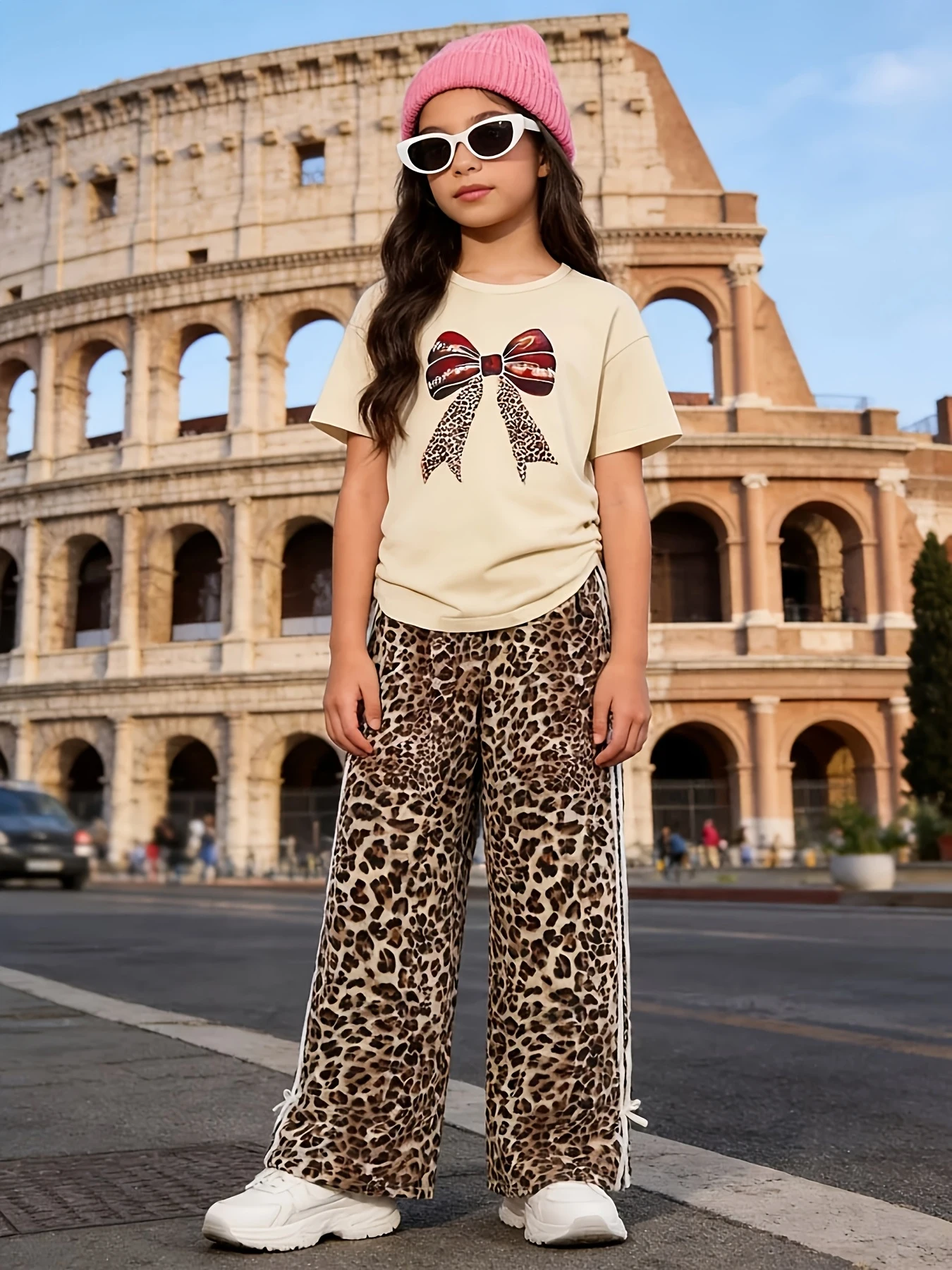 Girls 2 Piece Leopard Print Pants & Bow Graphic Tee Set Kids Y2K Streetwear Outfit