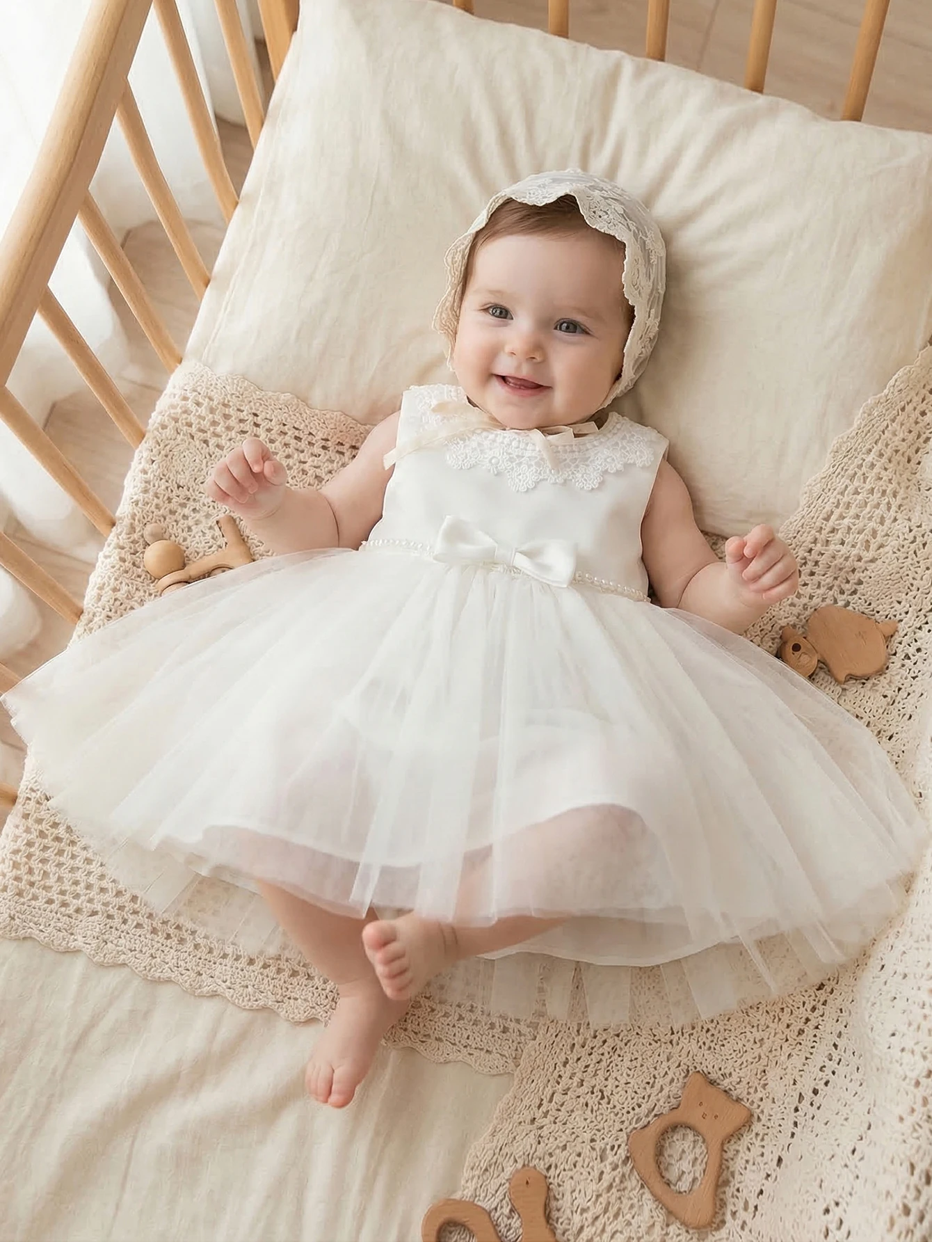 Baby Girls White Tulle Dress Sleeveless Lace Collar Bow Princess Party Gown For Baptism Christening Birthday Wedding Photo Shoot