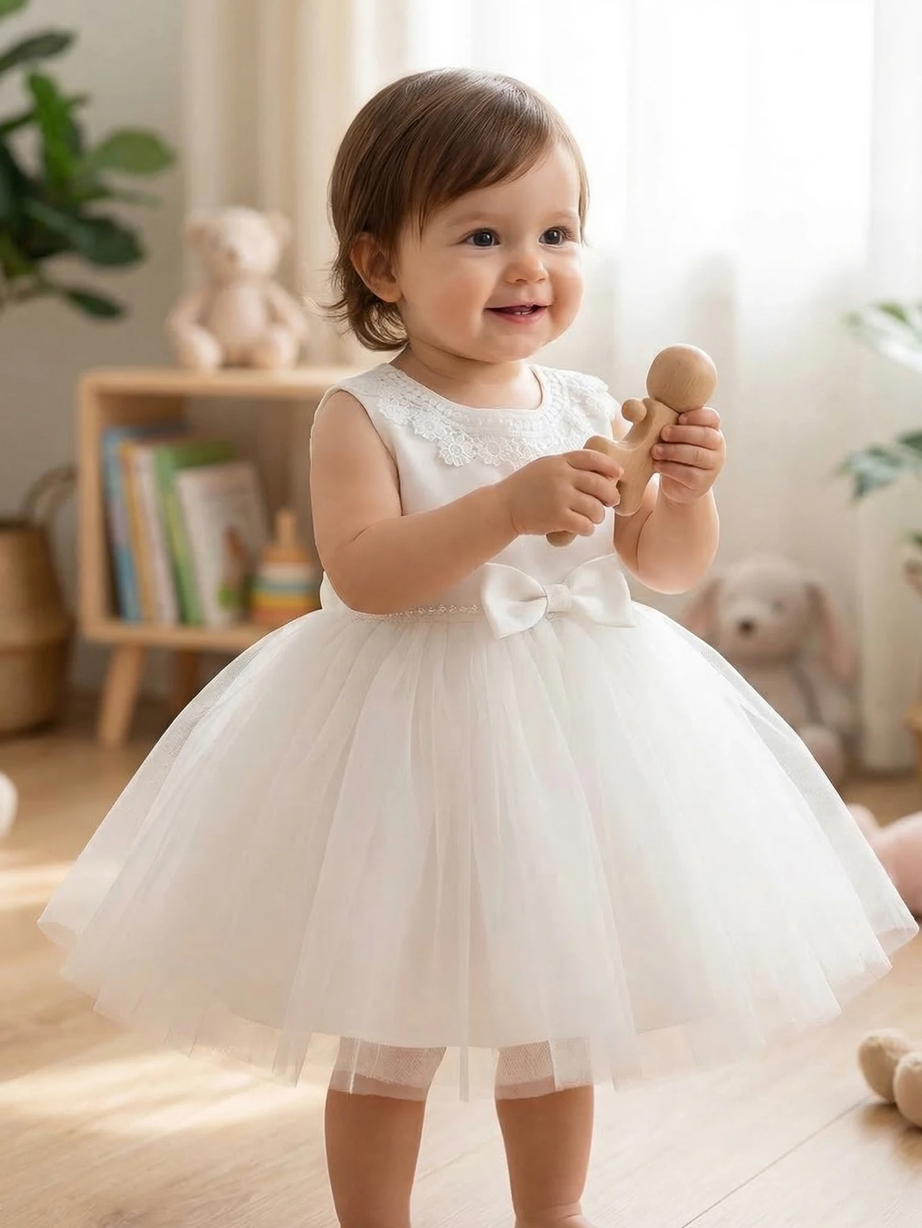 Baby Girls White Tulle Dress Sleeveless Lace Collar Bow Princess Party Gown For Baptism Christening Birthday Wedding Photo Shoot