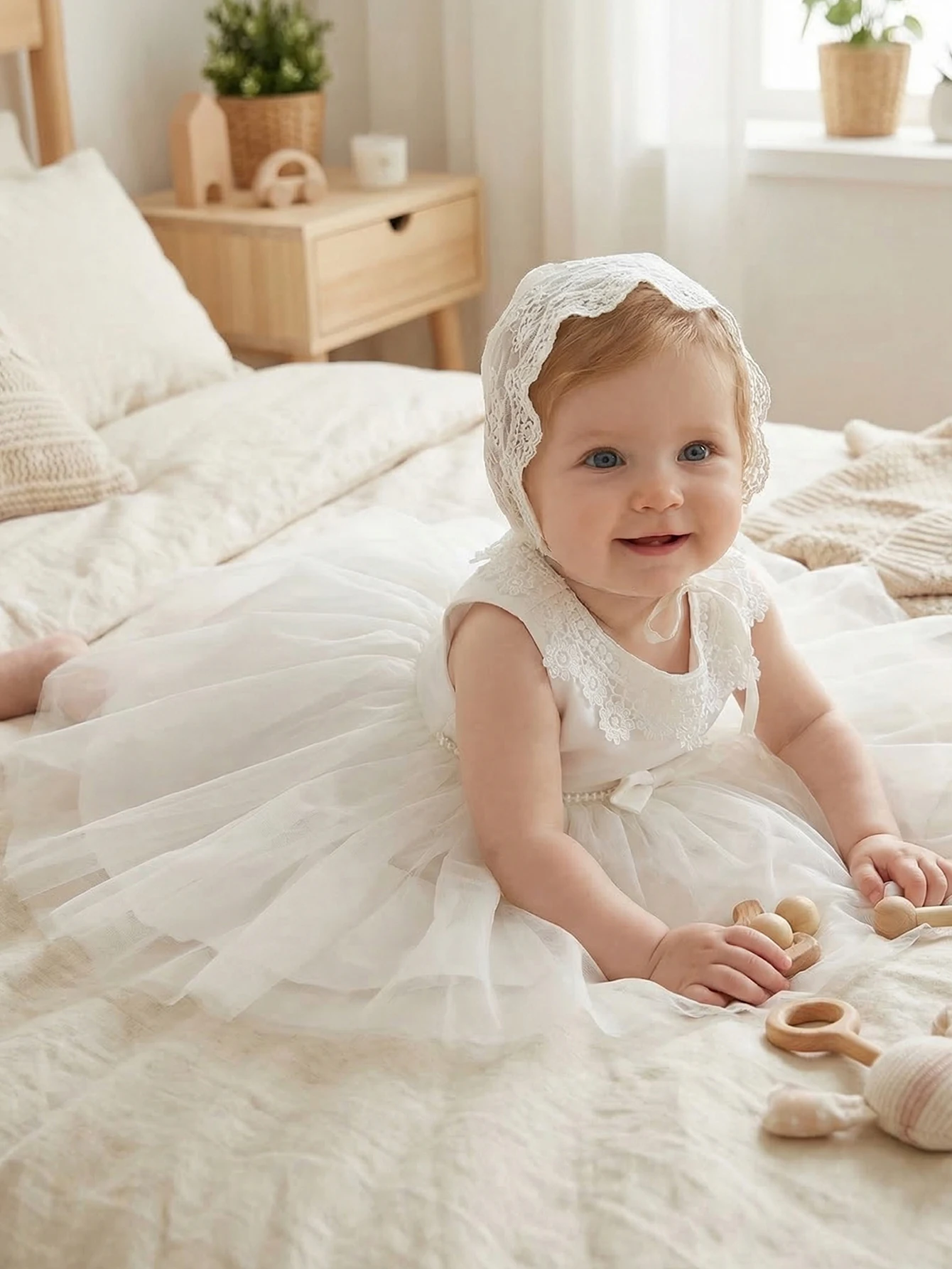 Baby Girls White Tulle Dress Sleeveless Lace Collar Bow Princess Party Gown For Baptism Christening Birthday Wedding Photo Shoot