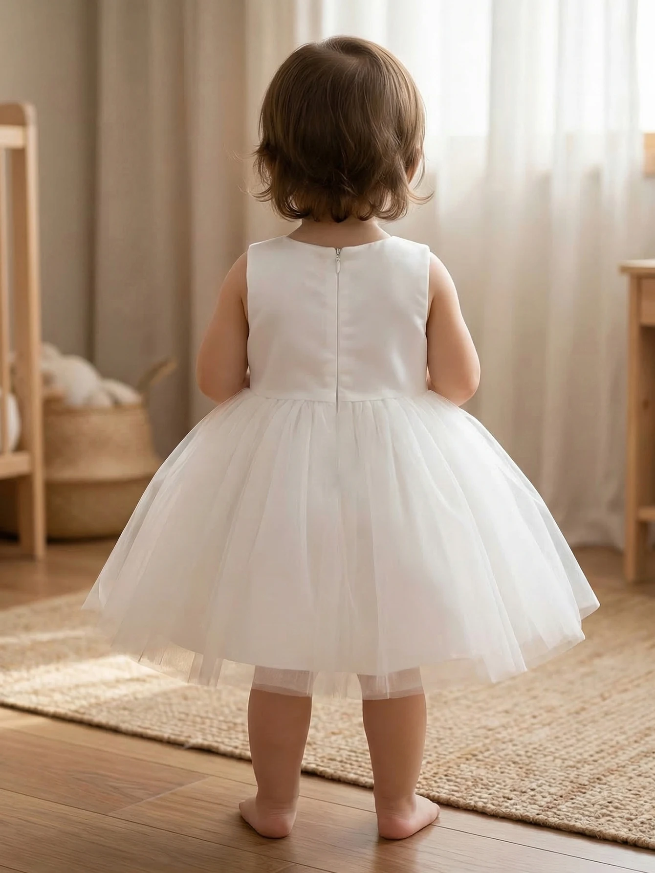 Baby Girls White Tulle Dress Sleeveless Lace Collar Bow Princess Party Gown For Baptism Christening Birthday Wedding Photo Shoot