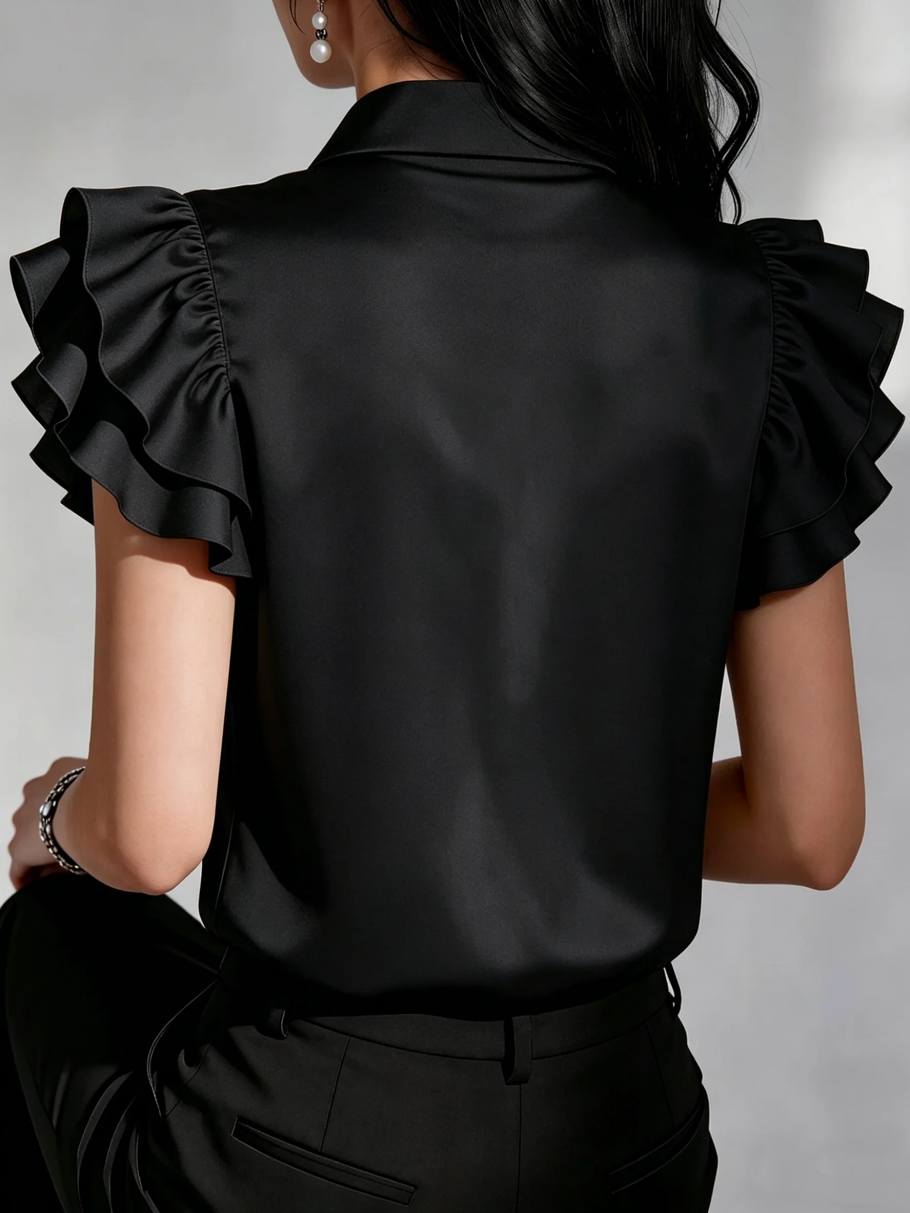 Elegant Satin Button Down Shirt for Women Ruffle Sleeve Collared Office Work Blouse