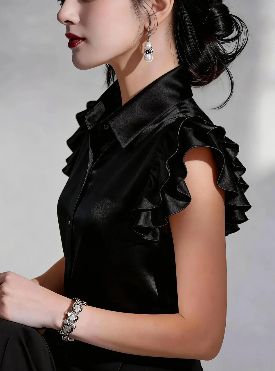 Elegant Satin Button Down Shirt for Women Ruffle Sleeve Collared Office Work Blouse