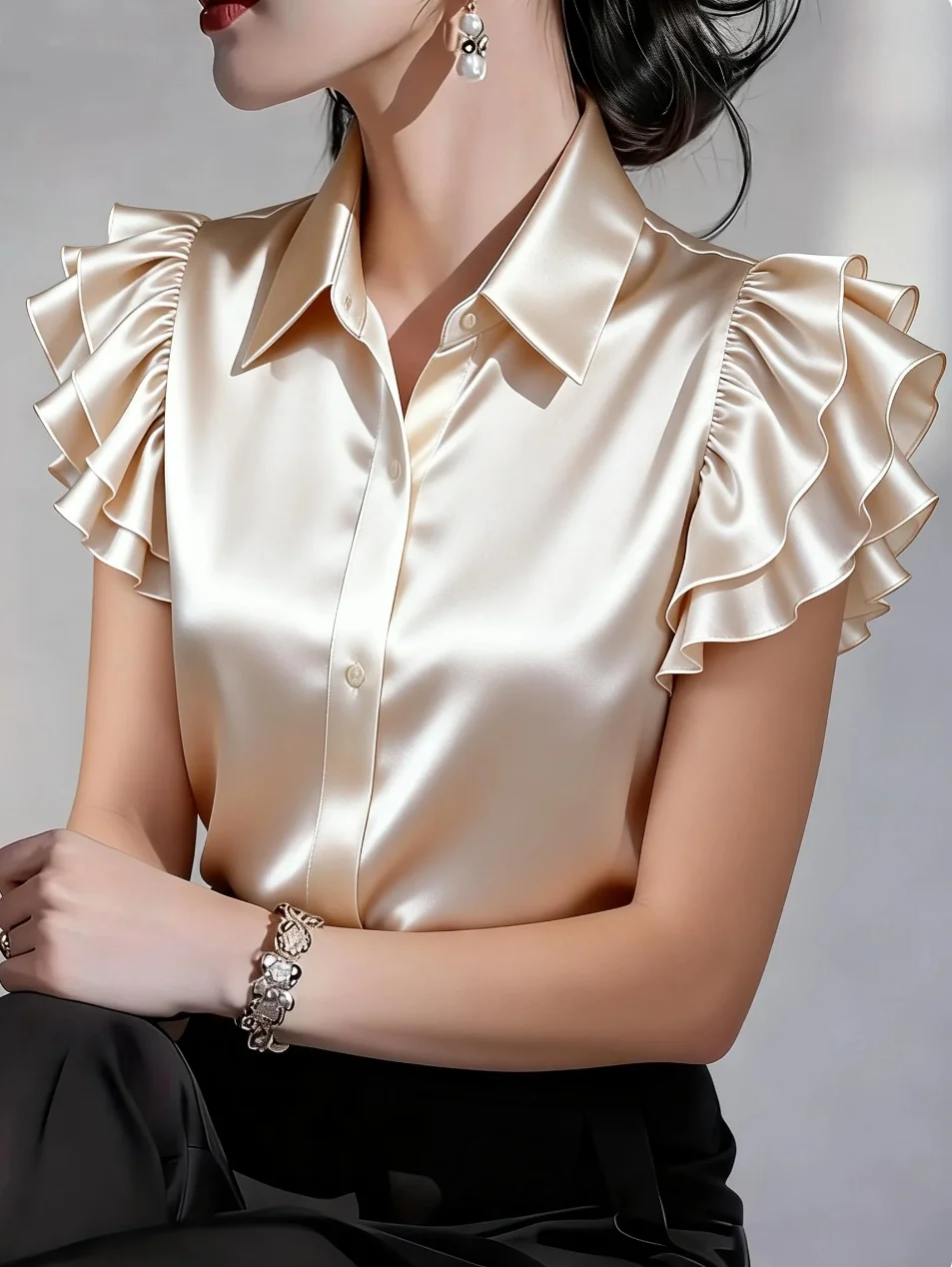 Elegant Satin Button Down Shirt for Women Ruffle Sleeve Collared Office Work Blouse