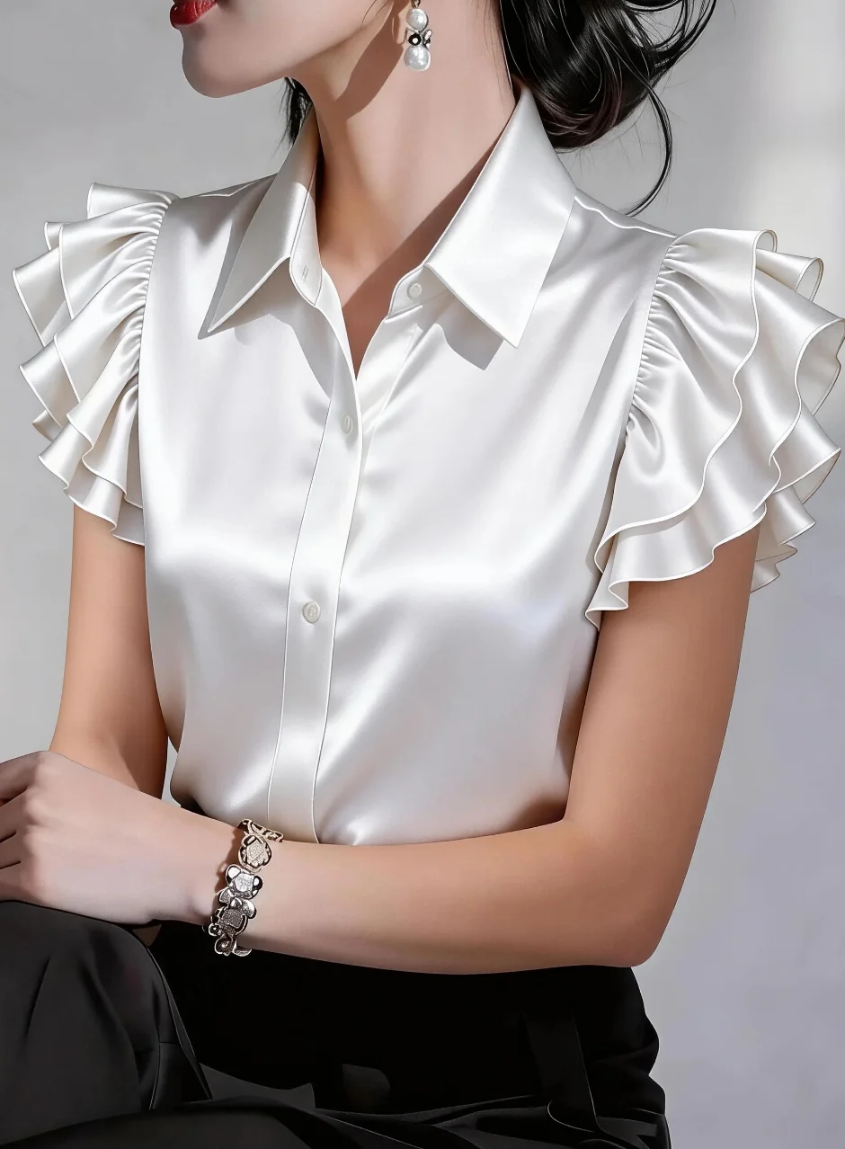 Elegant Satin Button Down Shirt for Women Ruffle Sleeve Collared Office Work Blouse