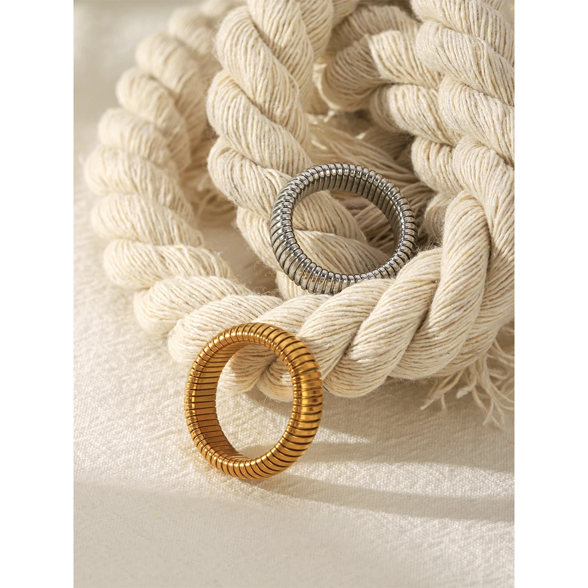 Adjustable Open Ring Set Two Tone Stainless Steel 18K Gold Plated Minimalist Stackable Ring Waterproof Daily Jewelry Gift