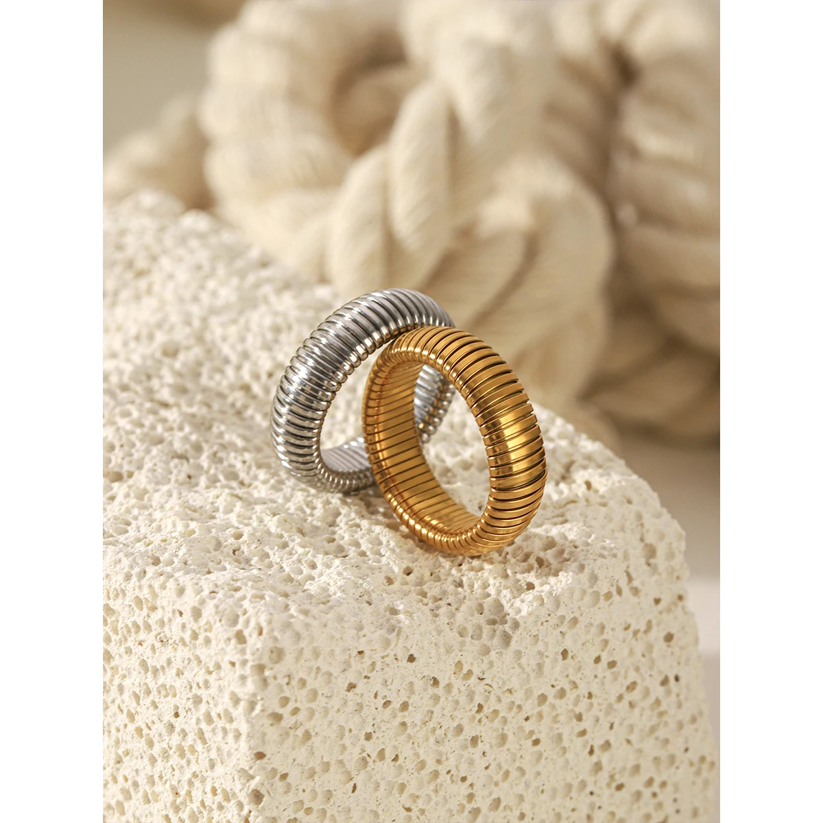 Adjustable Open Ring Set Two Tone Stainless Steel 18K Gold Plated Minimalist Stackable Ring Waterproof Daily Jewelry Gift