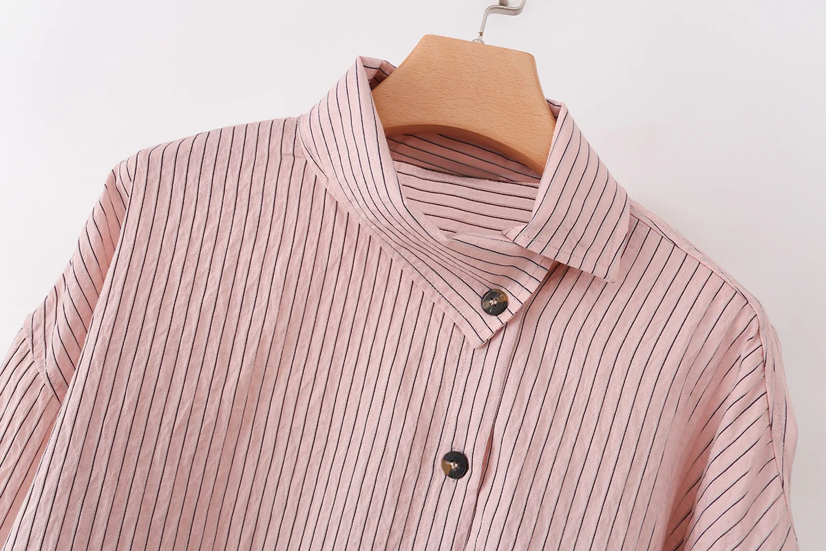 CHARMCHANT Women's cotton Pink Striped Asymmetrical Collar Oversized Button Down Shirt Long Sleeve Casual Blouse Summer 2026