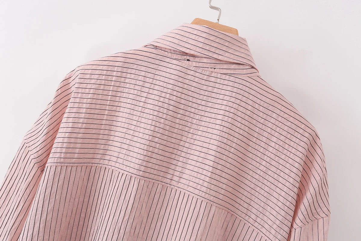 CHARMCHANT Women's cotton Pink Striped Asymmetrical Collar Oversized Button Down Shirt Long Sleeve Casual Blouse Summer 2026