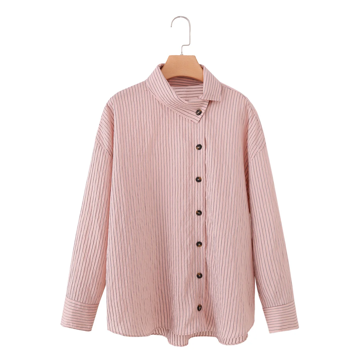CHARMCHANT Women's cotton Pink Striped Asymmetrical Collar Oversized Button Down Shirt Long Sleeve Casual Blouse Summer 2026