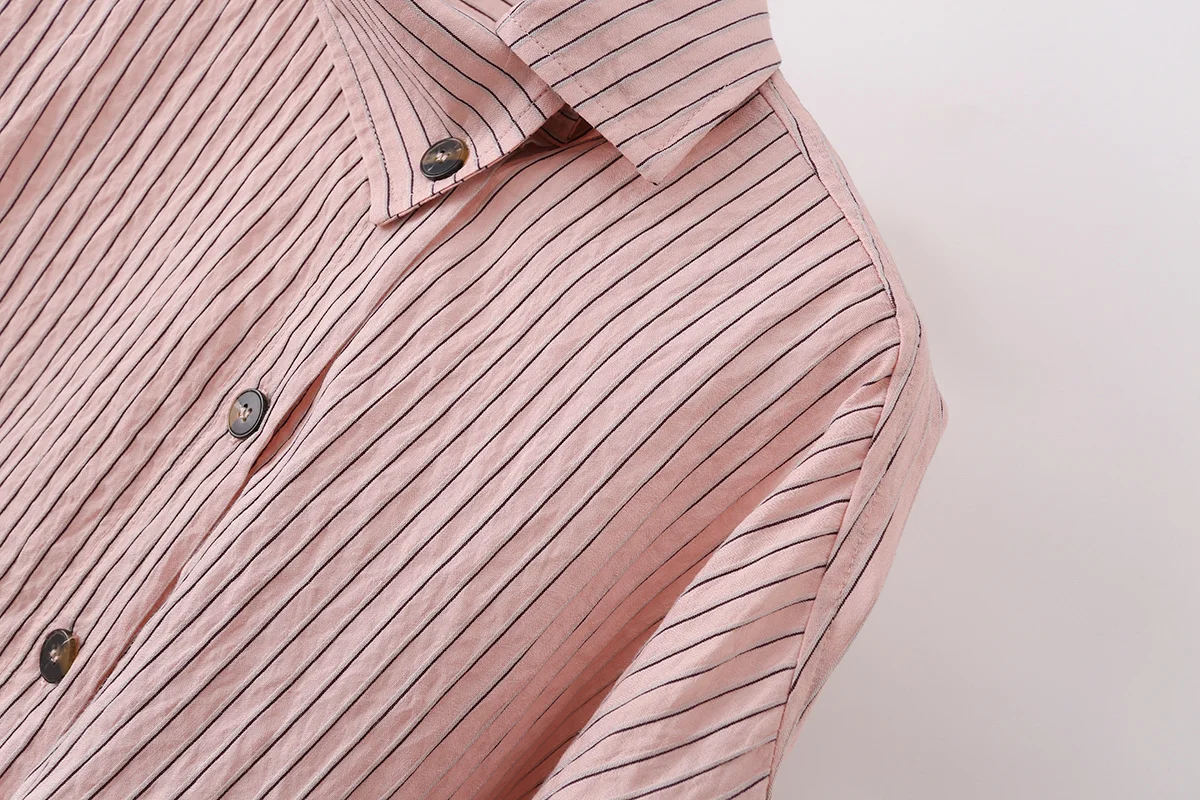 CHARMCHANT Women's cotton Pink Striped Asymmetrical Collar Oversized Button Down Shirt Long Sleeve Casual Blouse Summer 2026