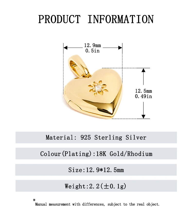 Fine Jewelry 18k Gold Plated Trendy Elegant Chic Plata 925 Sterling Silver Heart Locket Pendant for Women