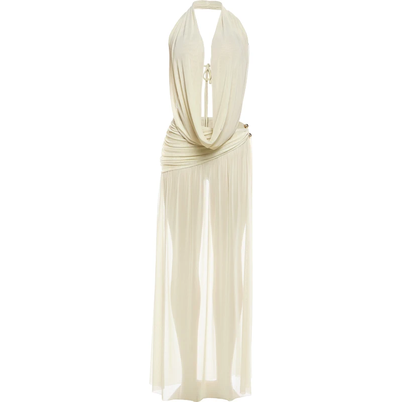 Nibber Chic 2 Piece Set Women Swing Collar See Through Backless Bandages Vests+Metal Buckle Split Skirts Vacation Party Suits