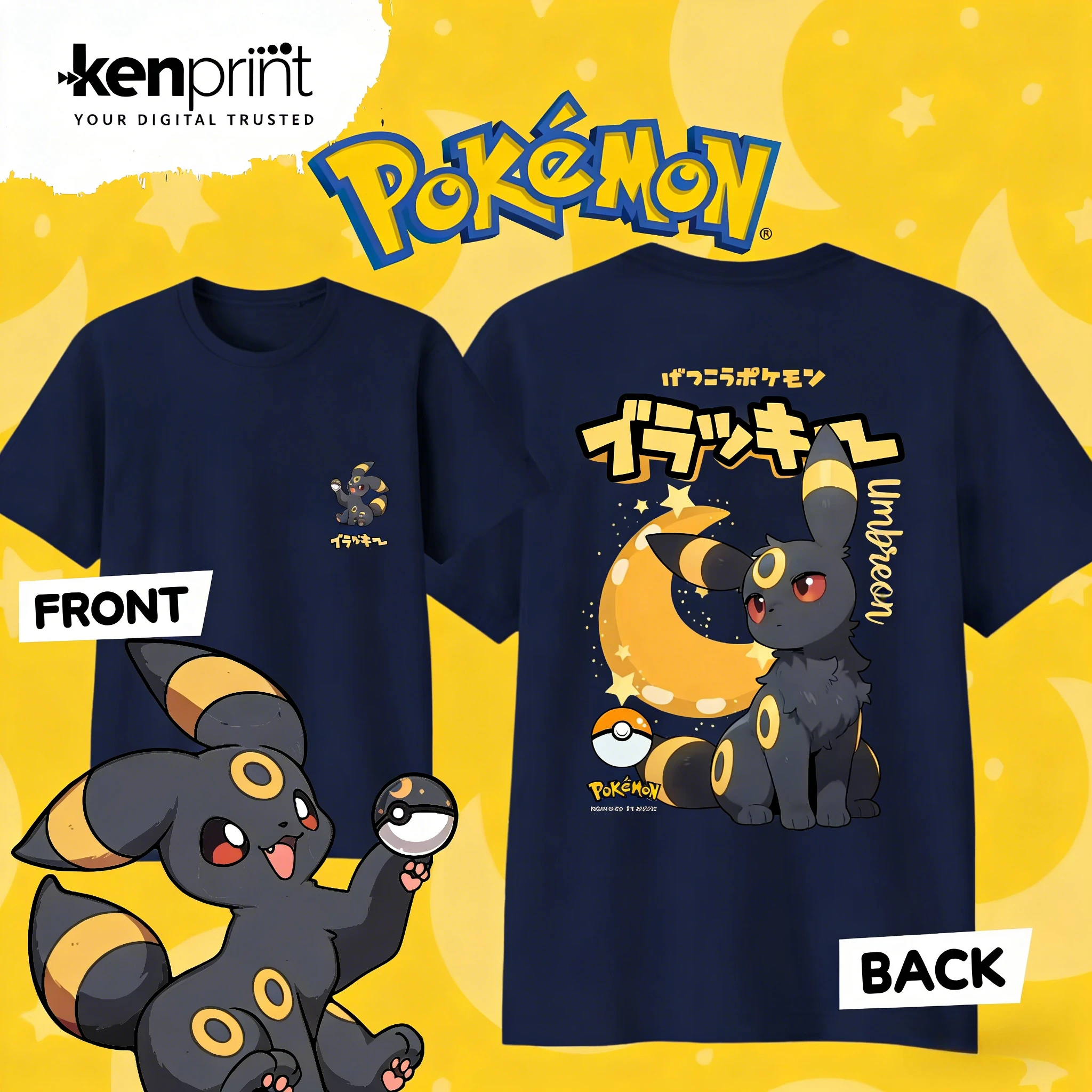 Bandai Anime Pokémon Umbreon Cartoon Cotton T-shirt Kids/Men's/Women's Fashion Casual Short Sleeved T-shirt Streetwear Y2k