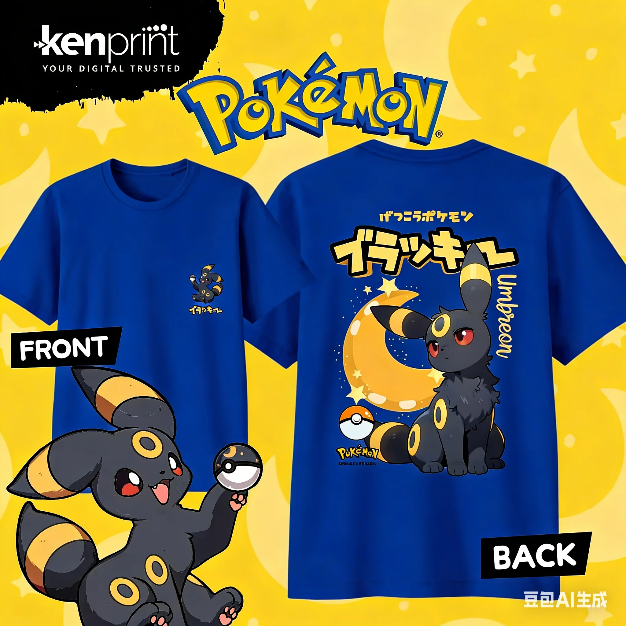 Bandai Anime Pokémon Umbreon Cartoon Cotton T-shirt Kids/Men's/Women's Fashion Casual Short Sleeved T-shirt Streetwear Y2k
