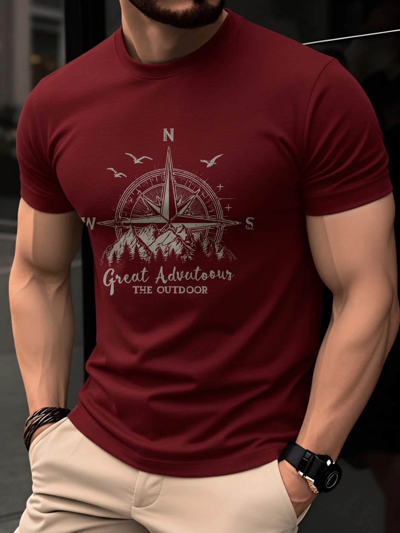 Summer Men's 100% Pure Cotton Casual Fashionable Loose Retro Compass Mountain Pattern Printed Round Neck Short Sleeved T-Shirt
