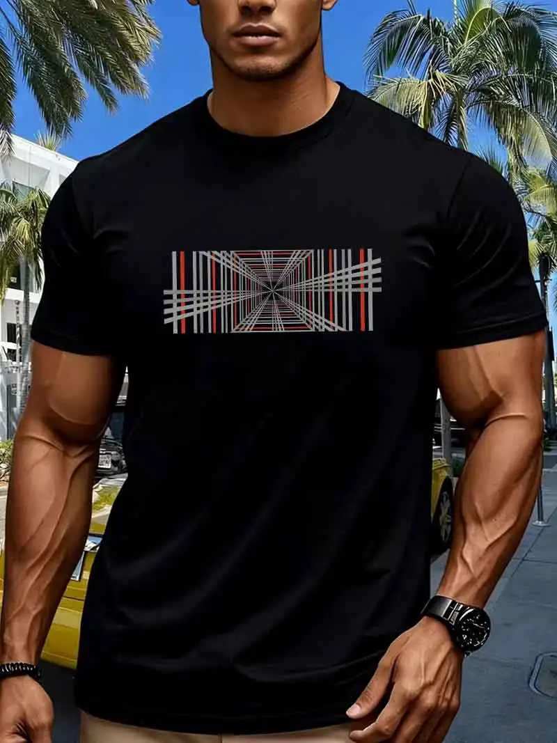 Summer Men's 100% Pure Cotton Casual Fashionable Loose Retro Compass Mountain Pattern Printed Round Neck Short Sleeved T-Shirt