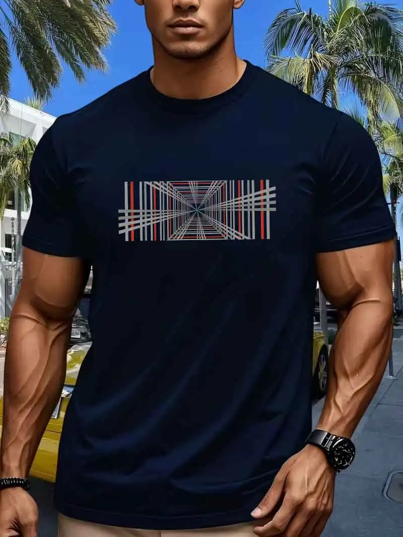 Summer Men's 100% Pure Cotton Casual Fashionable Loose Retro Compass Mountain Pattern Printed Round Neck Short Sleeved T-Shirt
