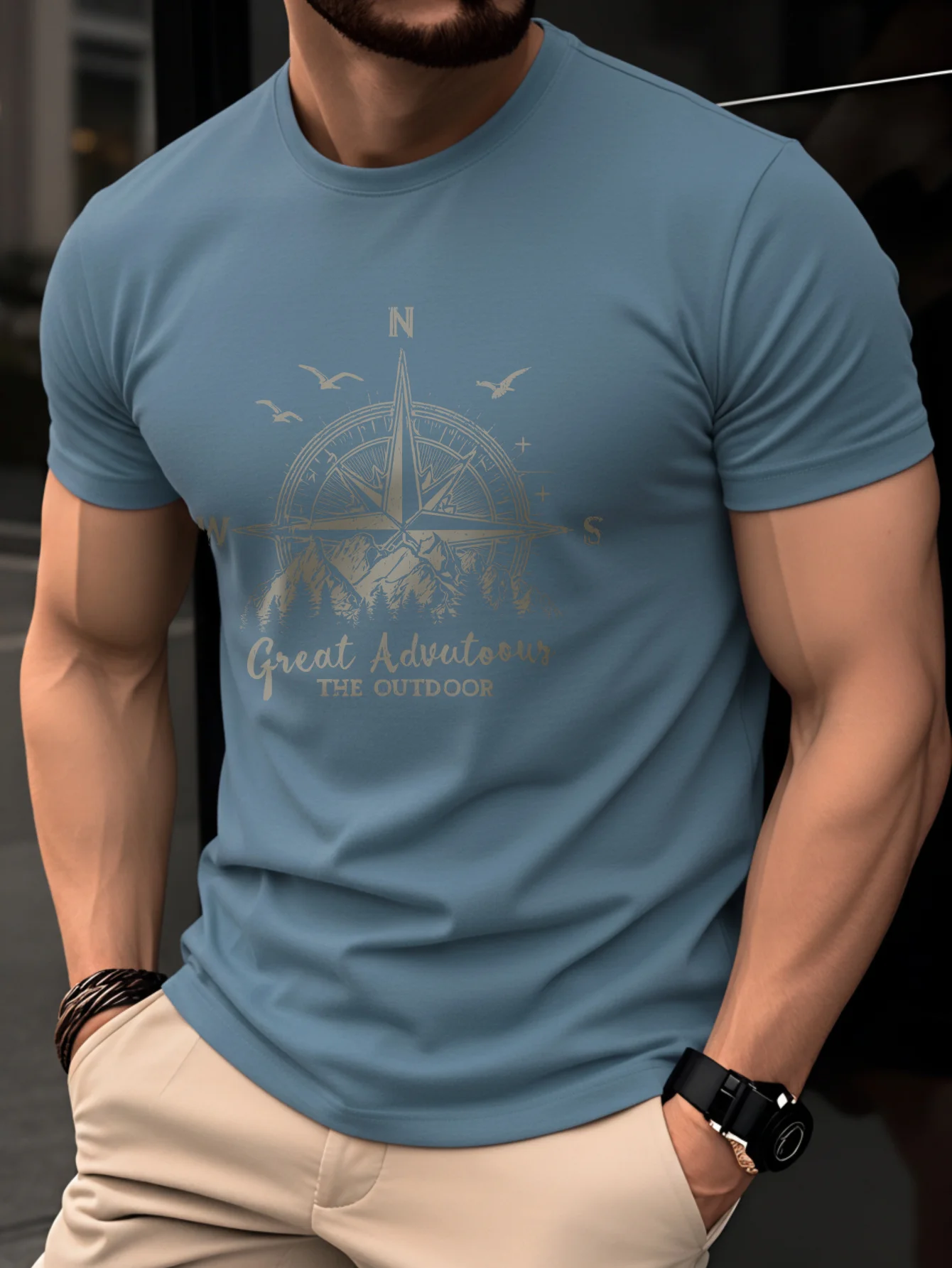Summer Men's 100% Pure Cotton Casual Fashionable Loose Retro Compass Mountain Pattern Printed Round Neck Short Sleeved T-Shirt