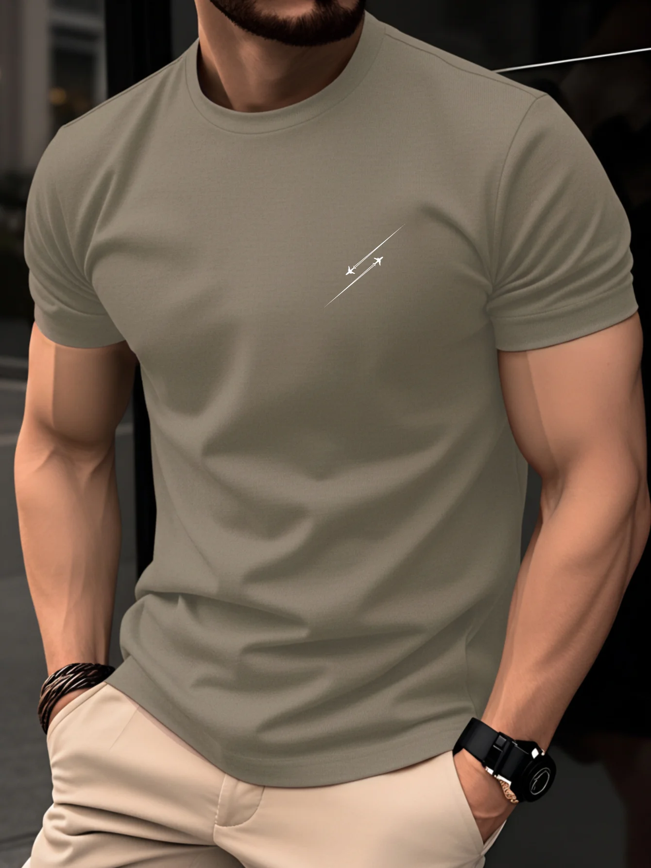 Summer Men's 100% Pure Cotton Casual Fashionable Loose Retro Compass Mountain Pattern Printed Round Neck Short Sleeved T-Shirt
