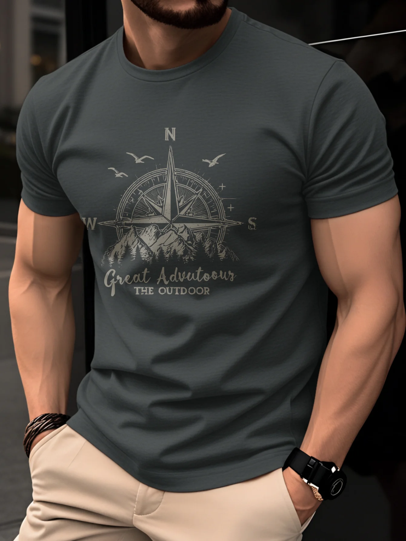 Summer Men's 100% Pure Cotton Casual Fashionable Loose Retro Compass Mountain Pattern Printed Round Neck Short Sleeved T-Shirt