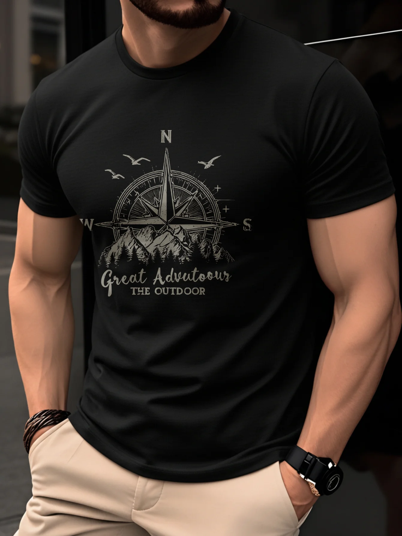 Summer Men's 100% Pure Cotton Casual Fashionable Loose Retro Compass Mountain Pattern Printed Round Neck Short Sleeved T-Shirt