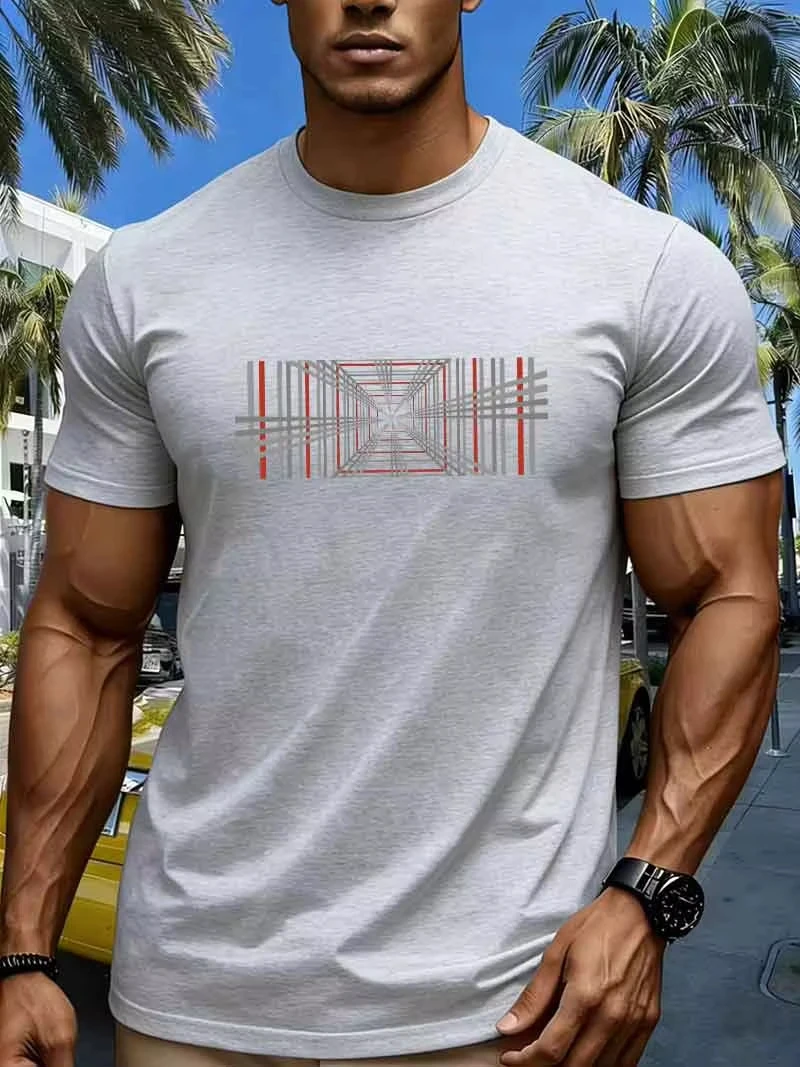 Summer Men's 100% Pure Cotton Casual Fashionable Loose Retro Compass Mountain Pattern Printed Round Neck Short Sleeved T-Shirt