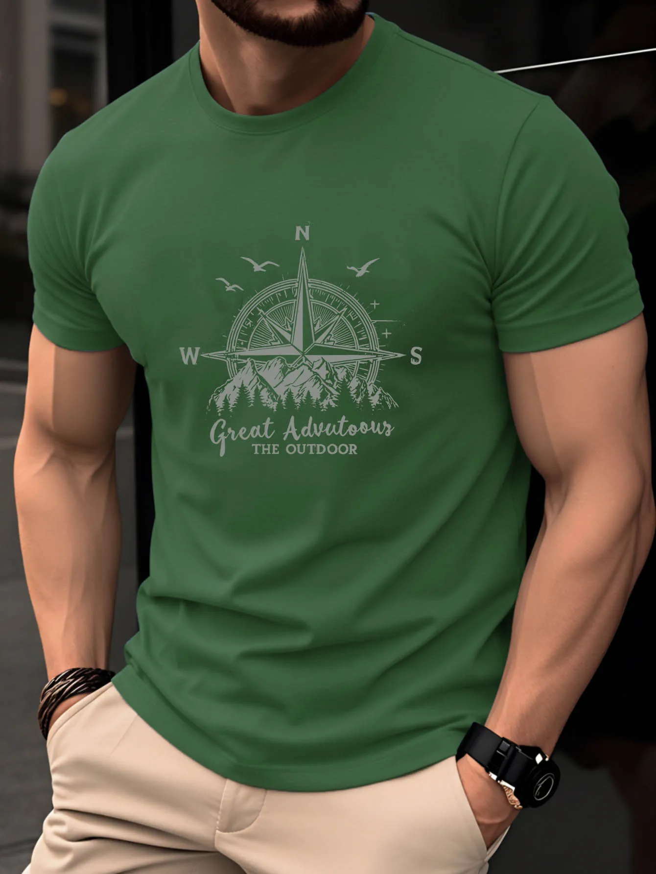 Summer Men's 100% Pure Cotton Casual Fashionable Loose Retro Compass Mountain Pattern Printed Round Neck Short Sleeved T-Shirt