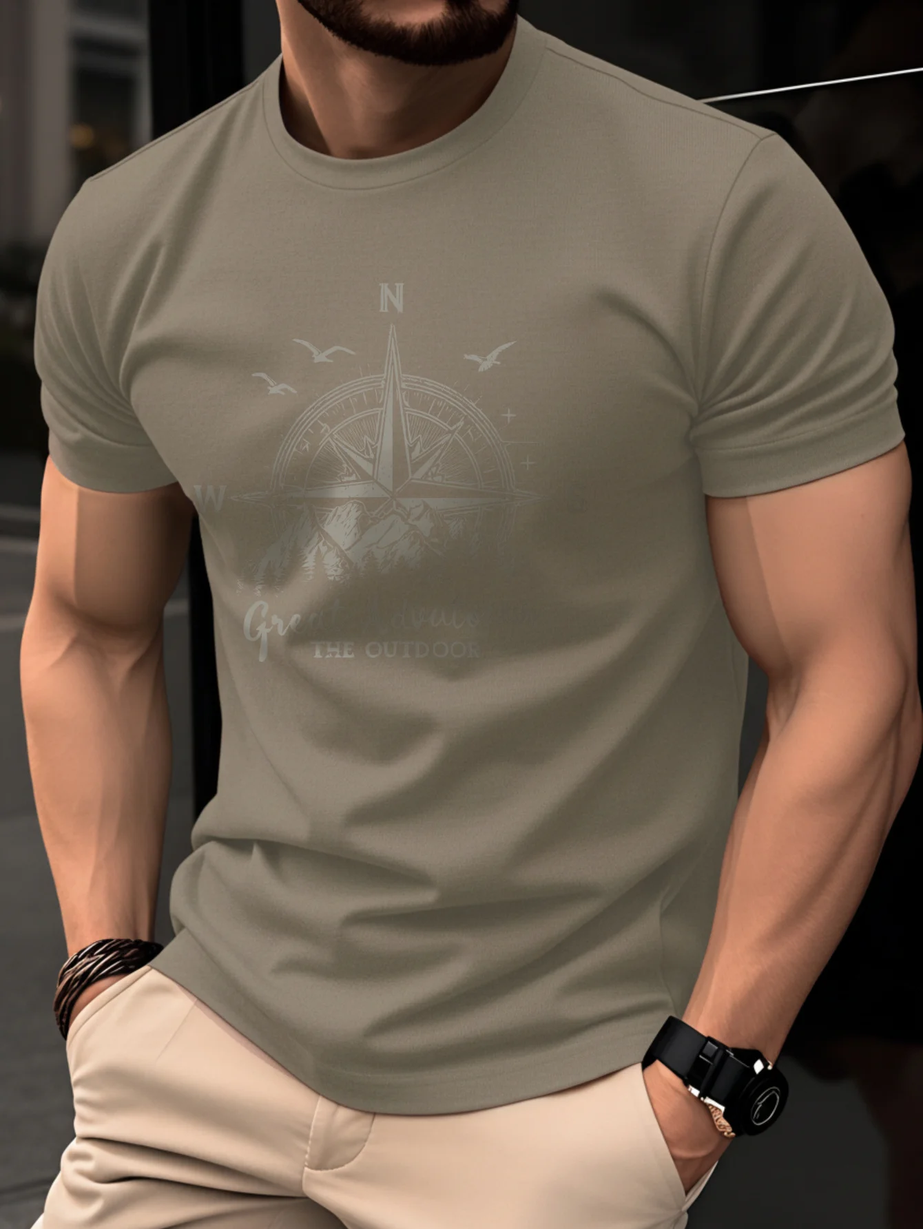 Summer Men's 100% Pure Cotton Casual Fashionable Loose Retro Compass Mountain Pattern Printed Round Neck Short Sleeved T-Shirt