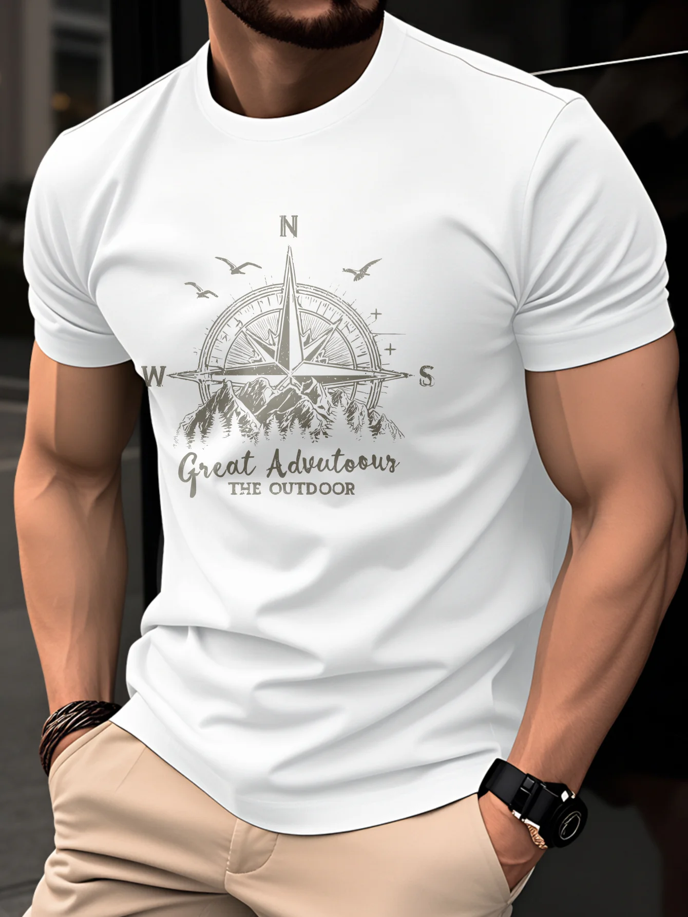 Summer Men's 100% Pure Cotton Casual Fashionable Loose Retro Compass Mountain Pattern Printed Round Neck Short Sleeved T-Shirt