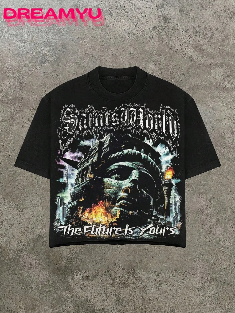 European and American Men's Summer Gothic Angel Letter Print Comfortable and Breathable Round Neck T-Shirt Outdoor Street Top