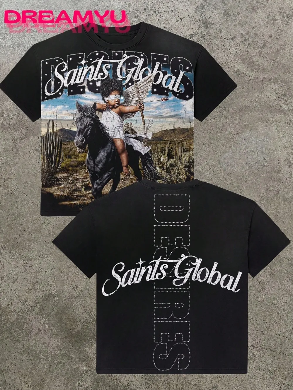 European and American Men's Summer Gothic Angel Letter Print Comfortable and Breathable Round Neck T-Shirt Outdoor Street Top