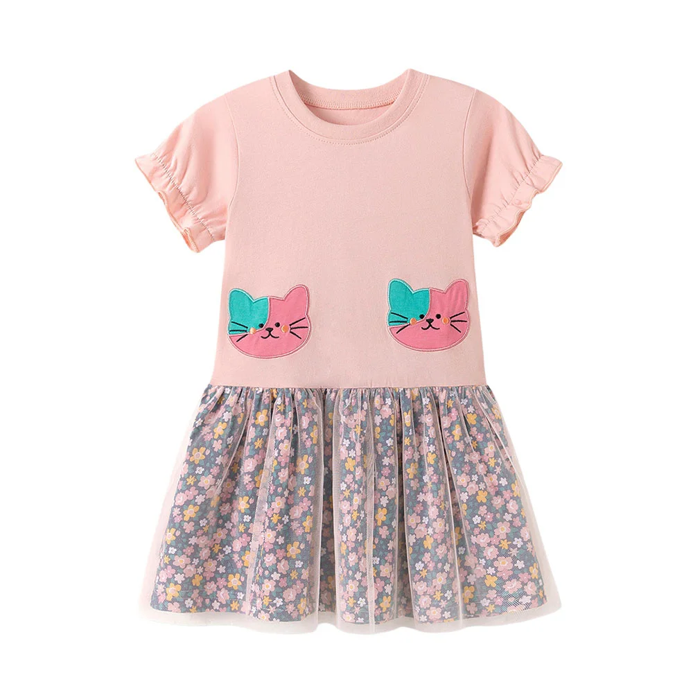 New Style Cats Embroidery Cute Summer Dress for Girls 2-7T Kids Fashion Party Birthday Clothing Baby Girls' Frocks