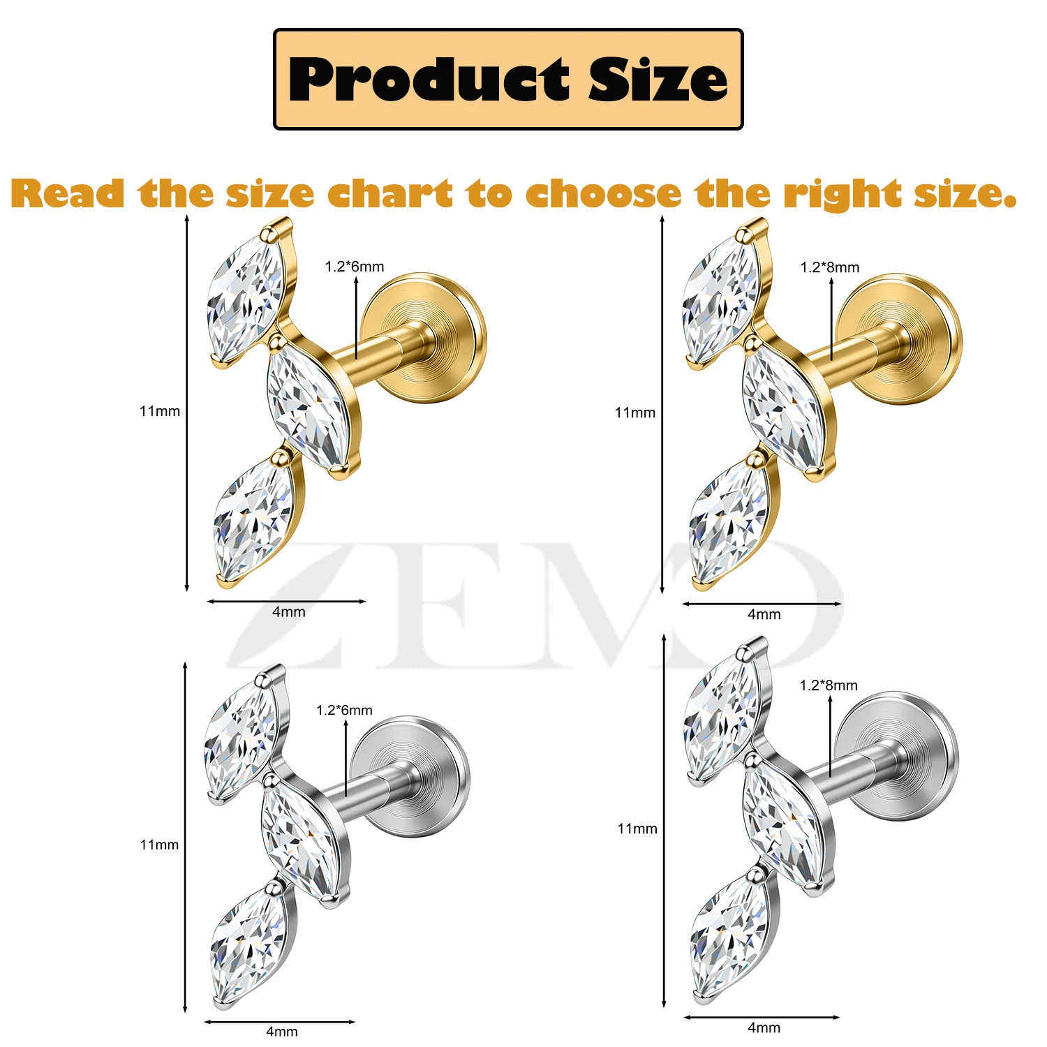 ZEMO 1PC ASTM F136 Titanium Labret Lips Stud 16G Triple Lotus Marquise CZ Ear Stud Cartilage Earring Tragus Helix Piercing 6/8MM