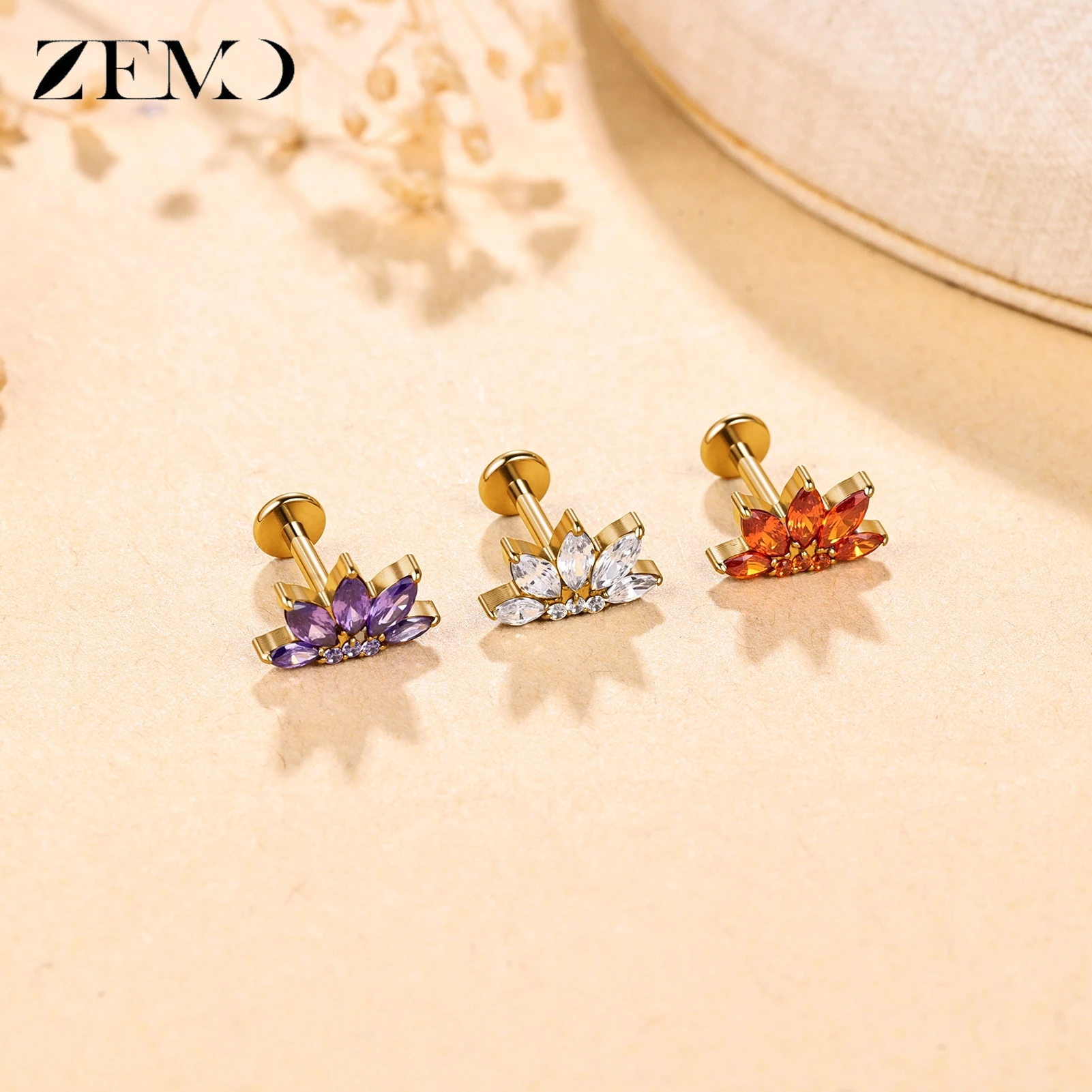 ZEMO 1PC ASTM F136 Titanium Labret Lips Stud 16G Triple Lotus Marquise CZ Ear Stud Cartilage Earring Tragus Helix Piercing 6/8MM