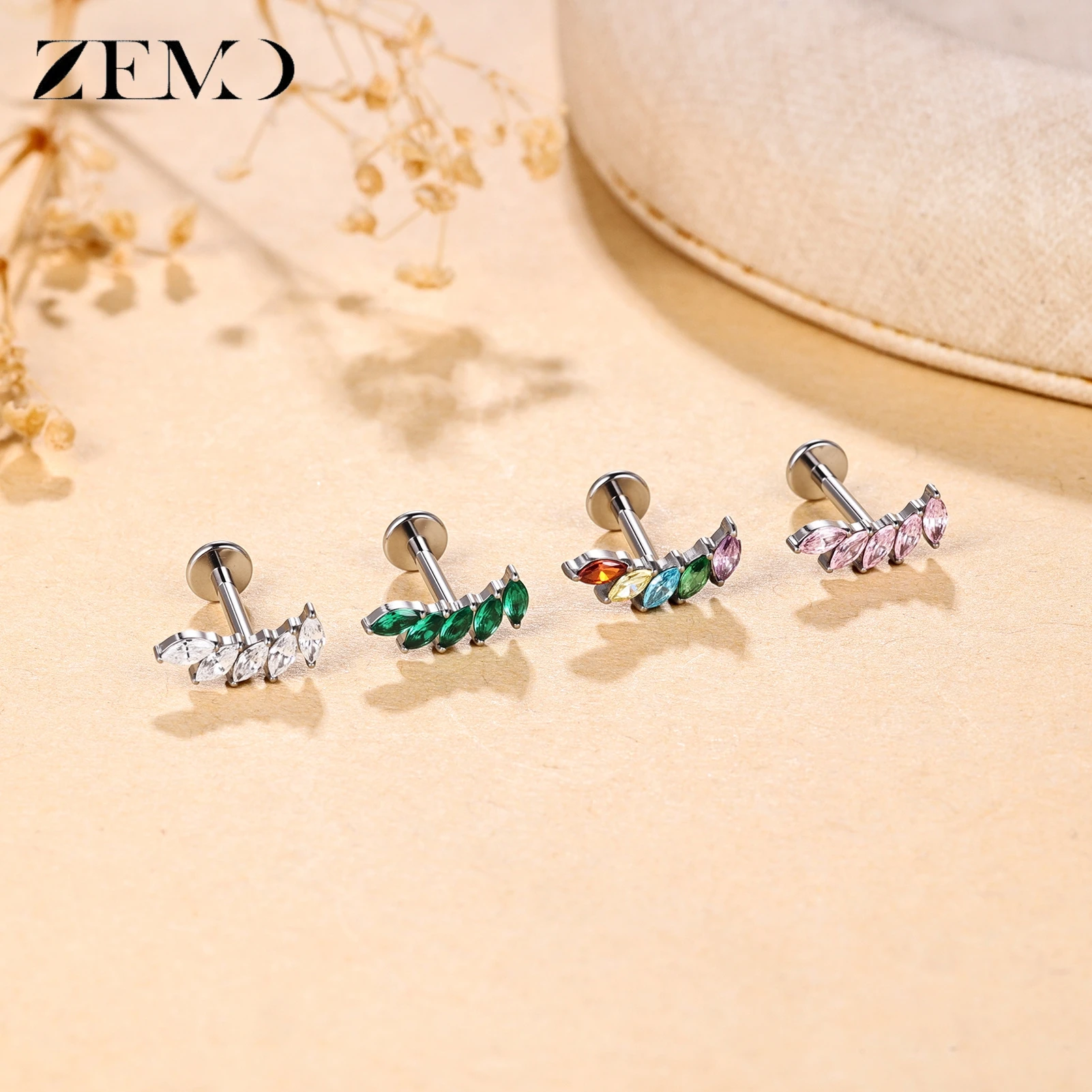 ZEMO 1PC ASTM F136 Titanium Labret Lips Stud 16G Triple Lotus Marquise CZ Ear Stud Cartilage Earring Tragus Helix Piercing 6/8MM