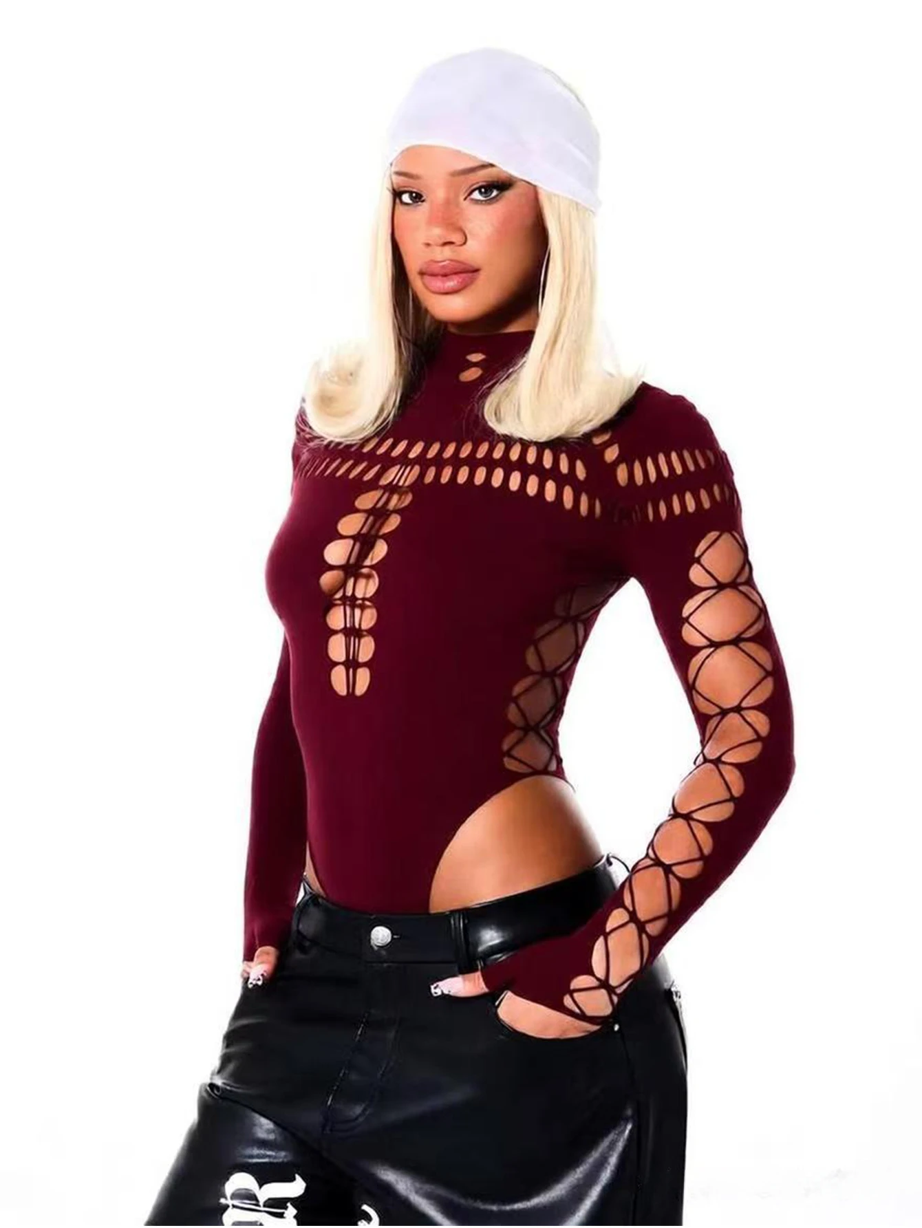 FHSEER SummerWomen's Y2K Sexy Bodysuit High Neck Bodycon Front Cutout & Lace-up Mesh Sleeve Stretchy Edggy Clubwear Streetwear