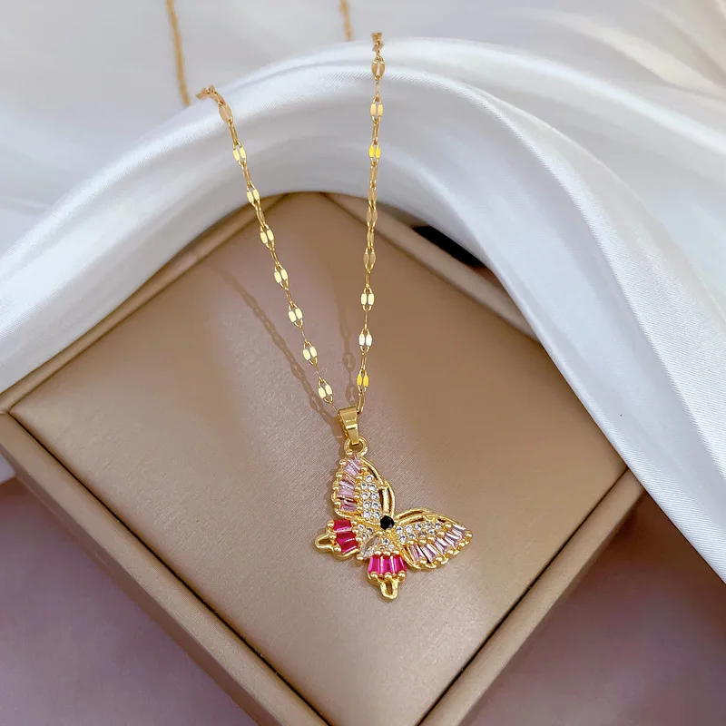 Butterfly Zircon Necklace for Women 18K Gold Plated Titanium Steel Anti-Tarnish Gold Color Pendant Necklace