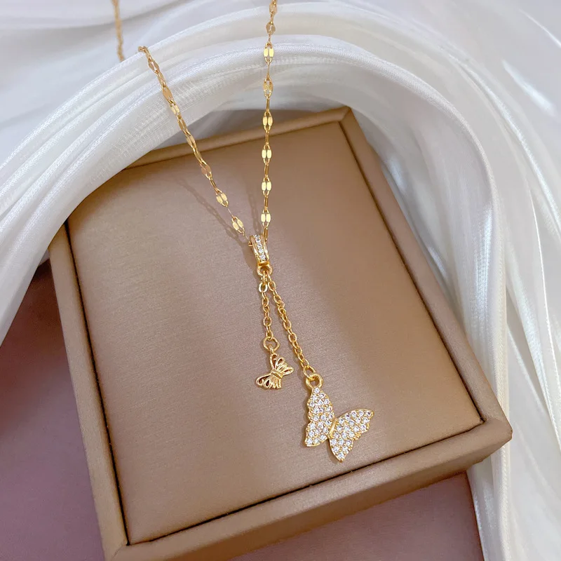 Butterfly Zircon Necklace for Women 18K Gold Plated Titanium Steel Anti-Tarnish Gold Color Pendant Necklace