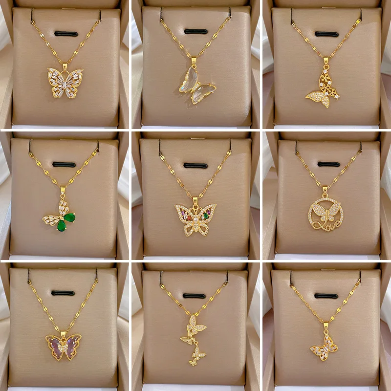 Butterfly Zircon Necklace for Women 18K Gold Plated Titanium Steel Anti-Tarnish Gold Color Pendant Necklace