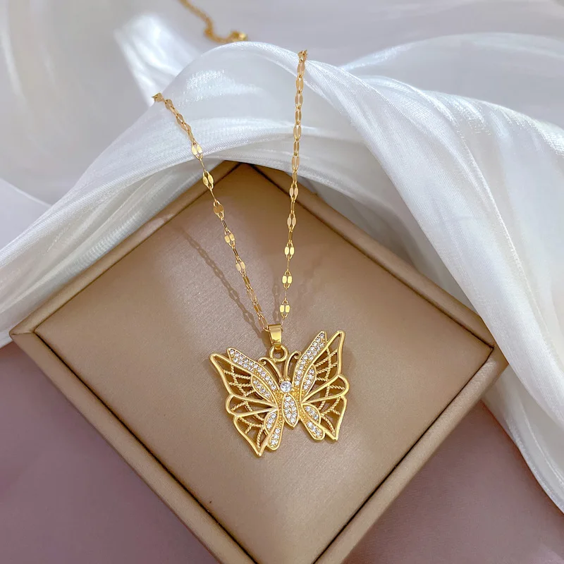 Butterfly Zircon Necklace for Women 18K Gold Plated Titanium Steel Anti-Tarnish Gold Color Pendant Necklace