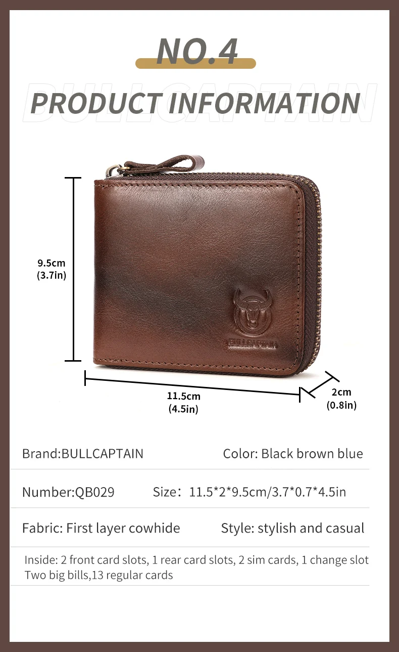 BULLCAPTAIN Mens Genuine Leather Zipper Wallet RFID Blocking Bifold Secure Zip Around Wallets Multi Credit Card Holder Purse