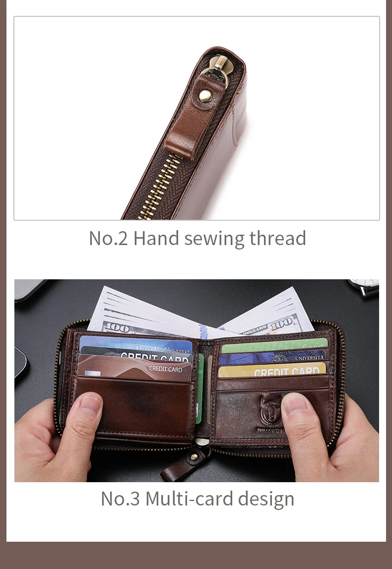 BULLCAPTAIN Mens Genuine Leather Zipper Wallet RFID Blocking Bifold Secure Zip Around Wallets Multi Credit Card Holder Purse