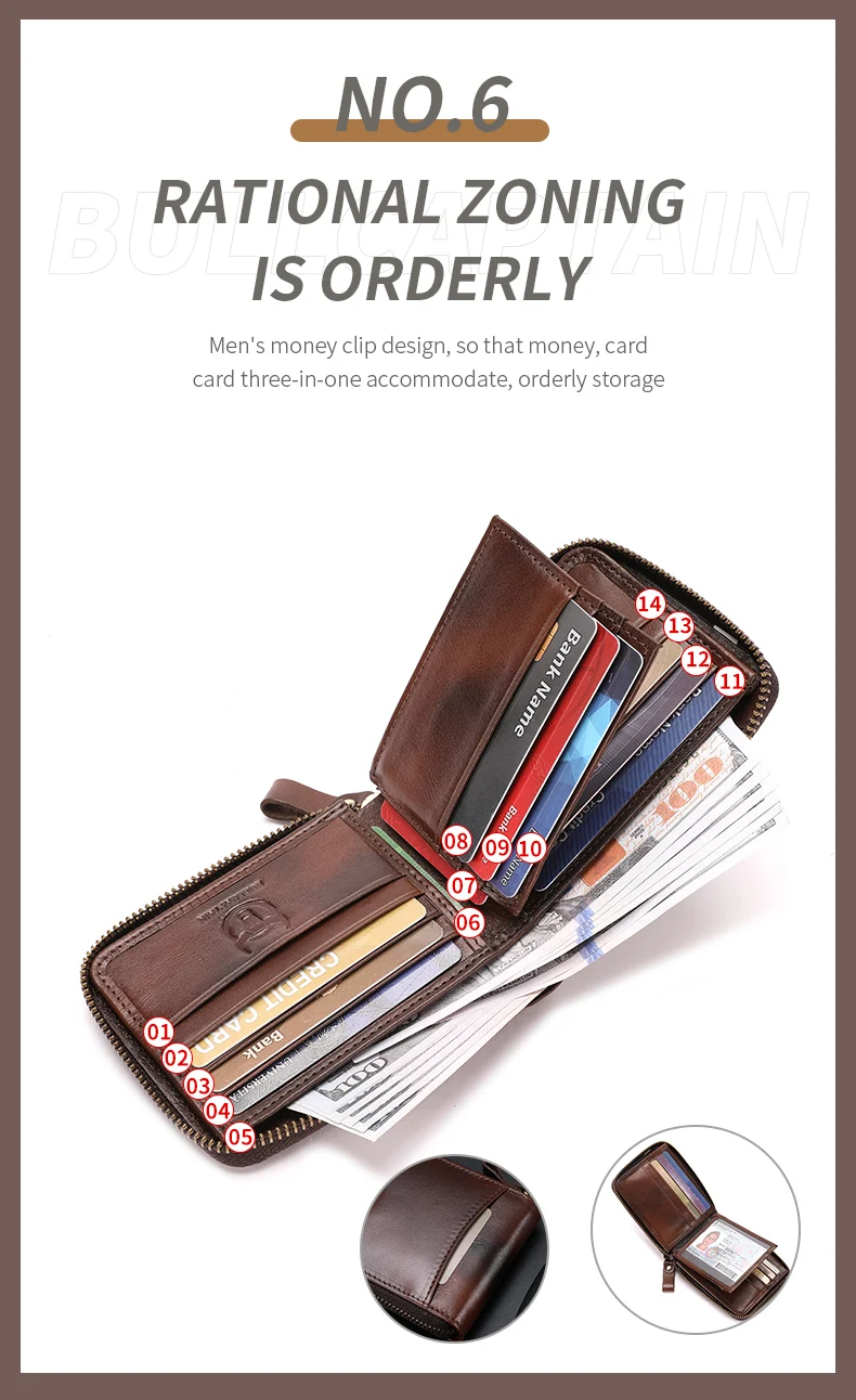 BULLCAPTAIN Mens Genuine Leather Zipper Wallet RFID Blocking Bifold Secure Zip Around Wallets Multi Credit Card Holder Purse